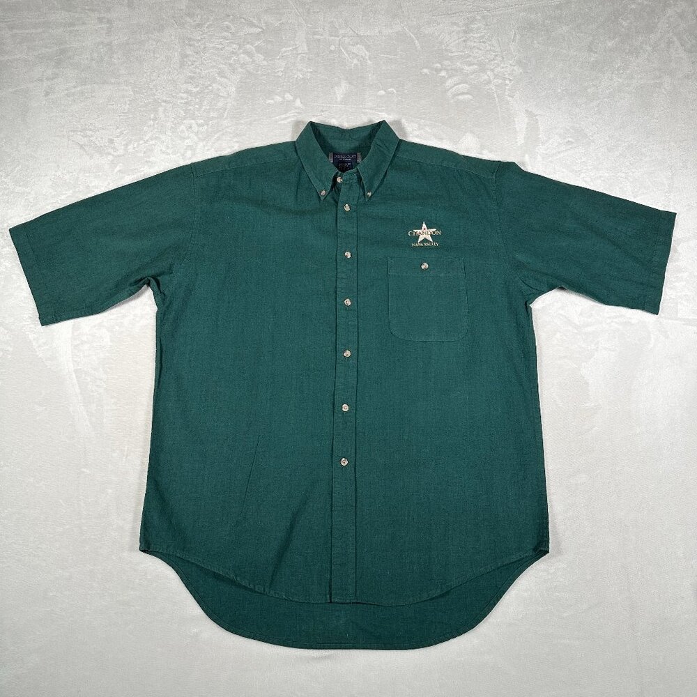 Indigo Blue Shirt Men Size L Green Short Sleeve Linen Cotton Blend Hong Kong VTG